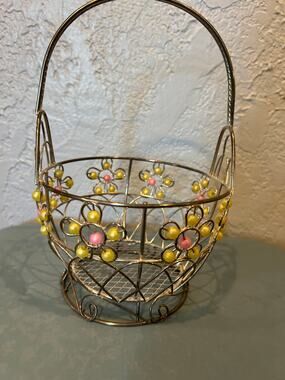 Vintage Silver Tone Wire Basket with Beaded Pastel Flowers - Cottagecore Decor